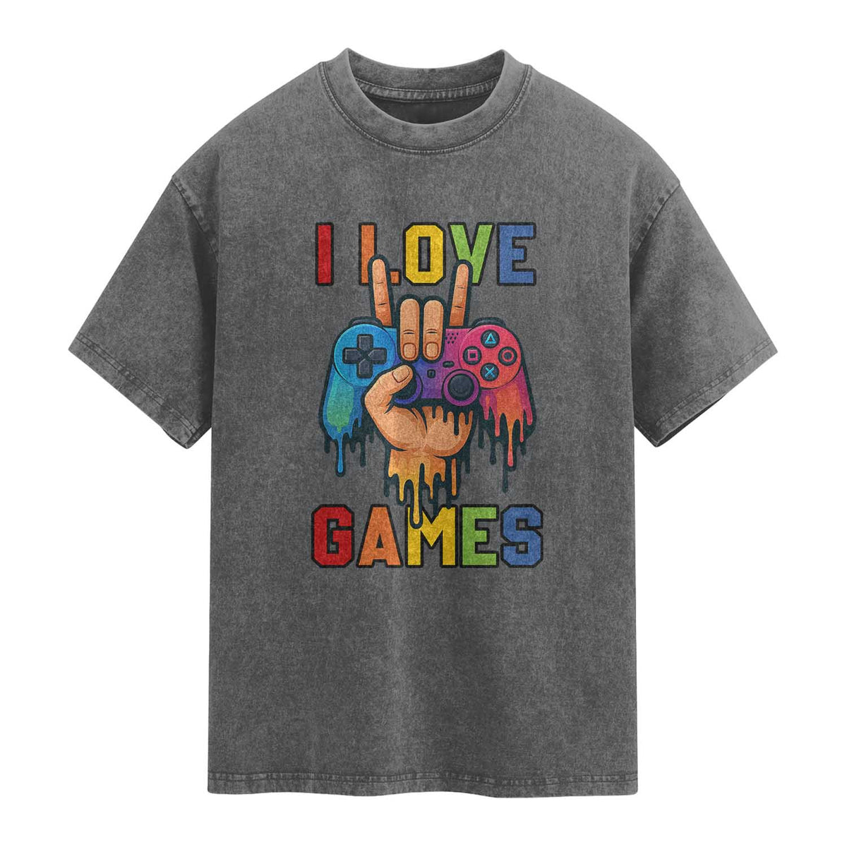 I Love Games Colorful Gamer Controller Gift Washed Cotton T-Shirt