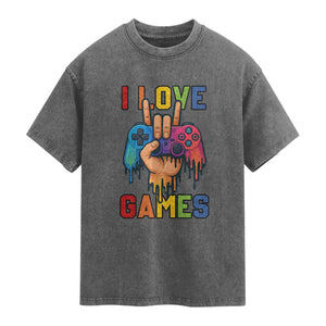 I Love Games Colorful Gamer Controller Gift Washed Cotton T-Shirt