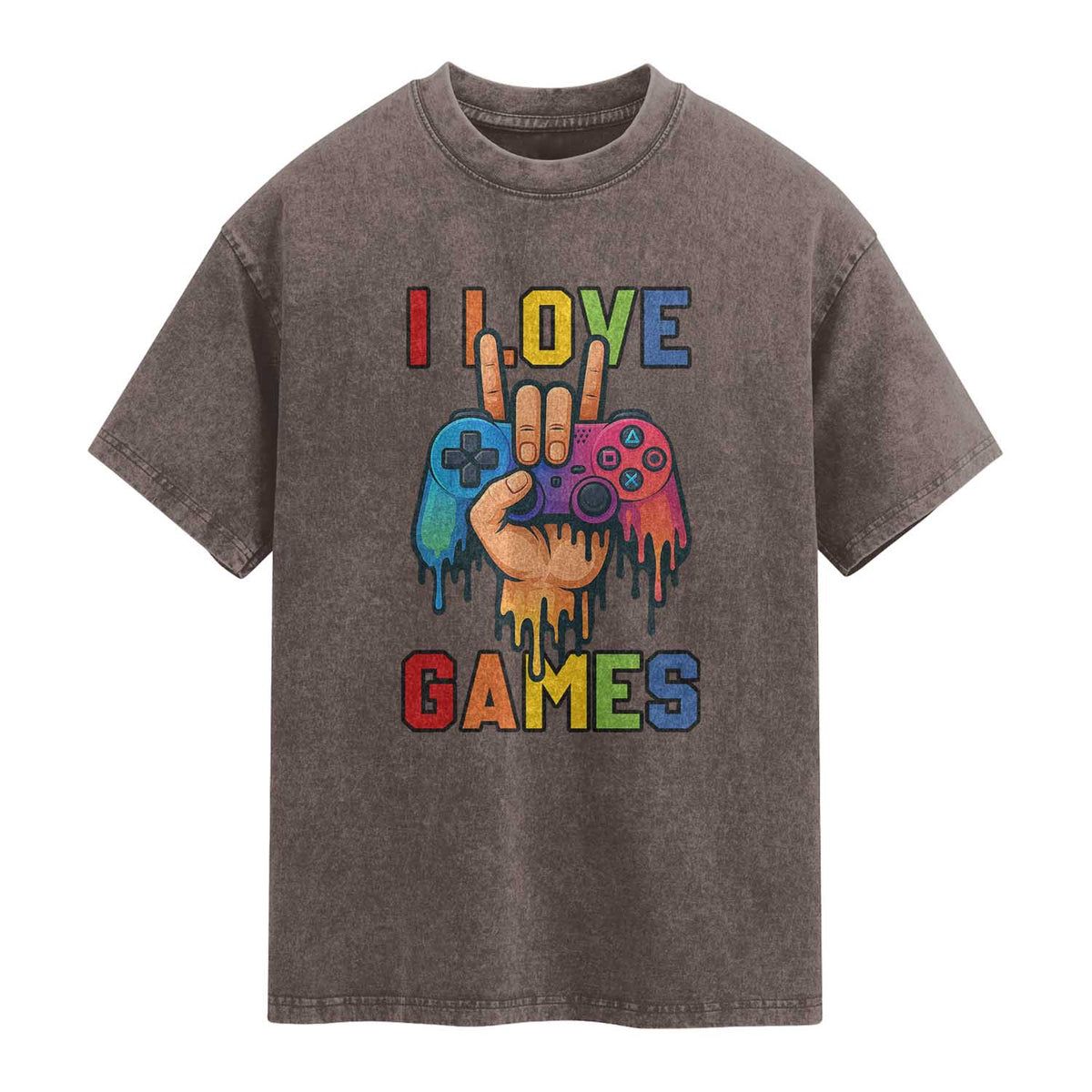 I Love Games Colorful Gamer Controller Gift Washed Cotton T-Shirt
