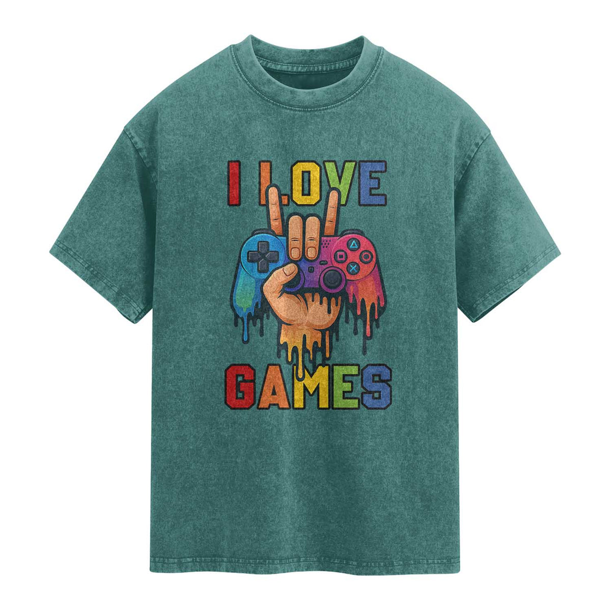 I Love Games Colorful Gamer Controller Gift Washed Cotton T-Shirt