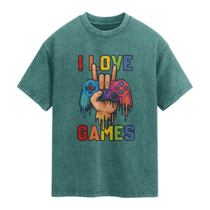 I Love Games Colorful Gamer Controller Gift Washed Cotton T-Shirt