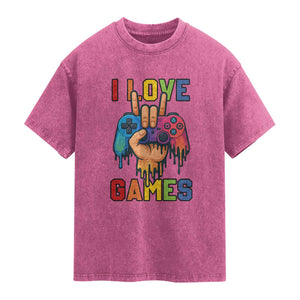 I Love Games Colorful Gamer Controller Gift Washed Cotton T-Shirt