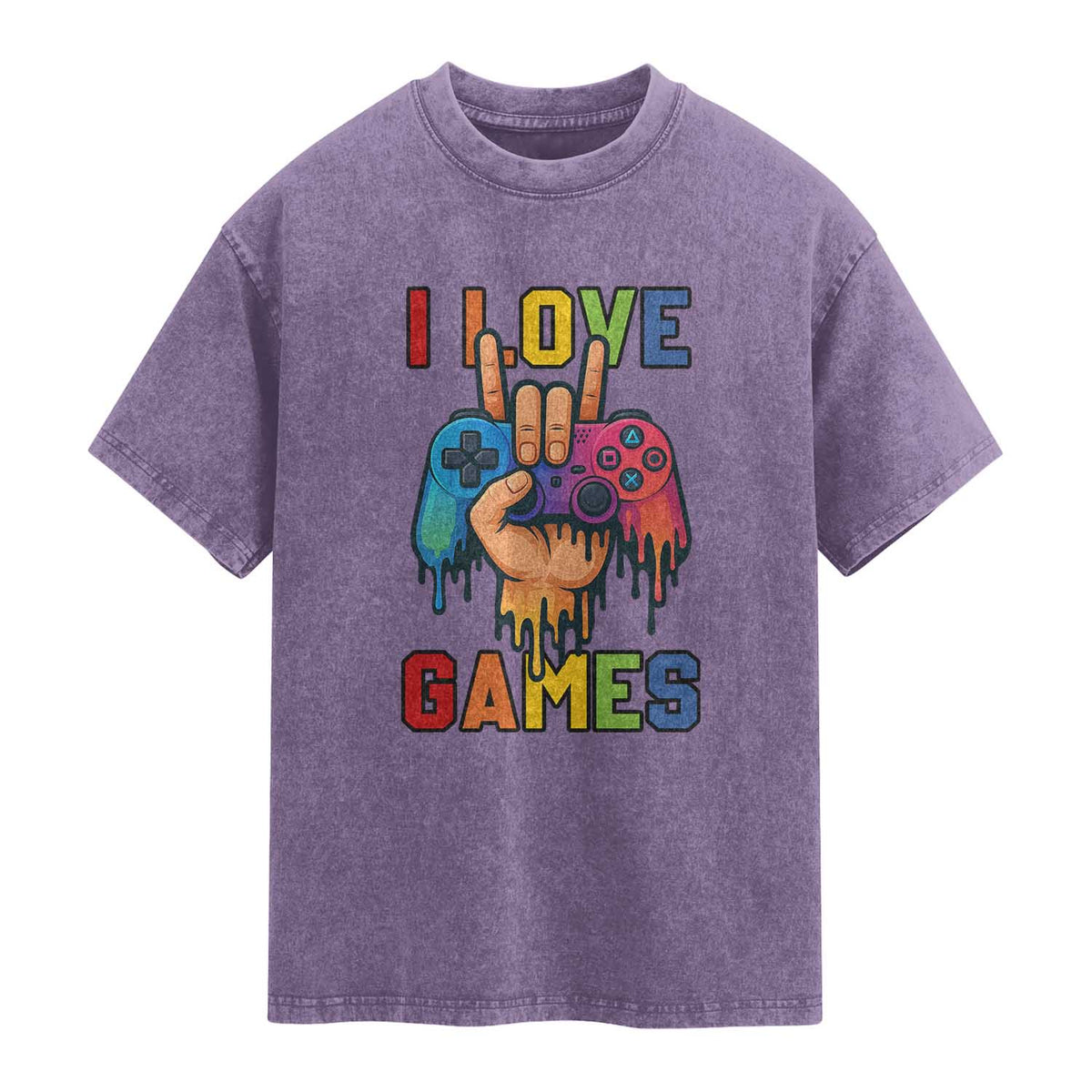 I Love Games Colorful Gamer Controller Gift Washed Cotton T-Shirt