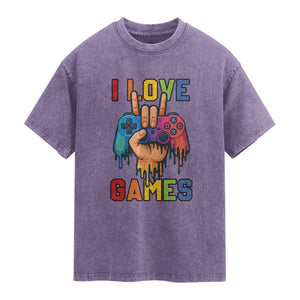 I Love Games Colorful Gamer Controller Gift Washed Cotton T-Shirt
