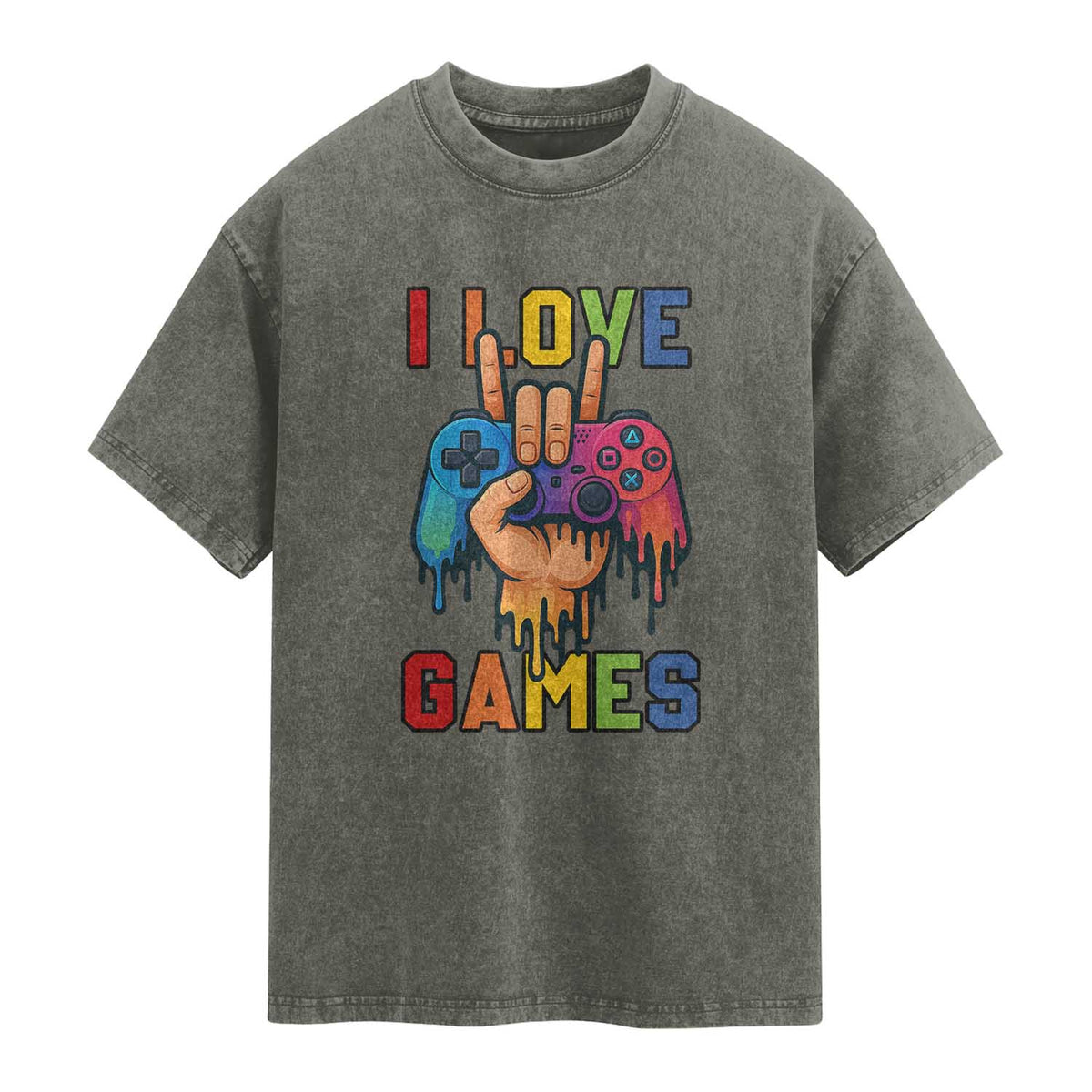 I Love Games Colorful Gamer Controller Gift Washed Cotton T-Shirt