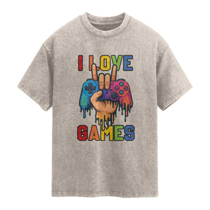 I Love Games Colorful Gamer Controller Gift Washed Cotton T-Shirt