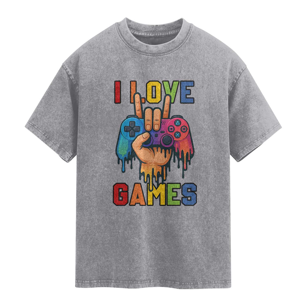 I Love Games Colorful Gamer Controller Gift Washed Cotton T-Shirt