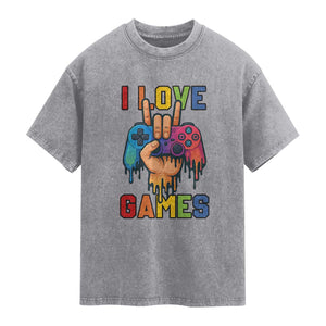I Love Games Colorful Gamer Controller Gift Washed Cotton T-Shirt