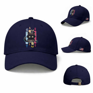Game Time Baseball Cap Cute Black Cat Gamer Lover Gift TS12 Baseball Cap Universal Fit Dark Blue Print Your Wear