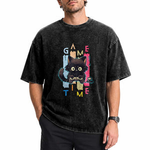 Game Time Washed Cotton T-Shirt Cute Black Cat Gamer Lover Gift