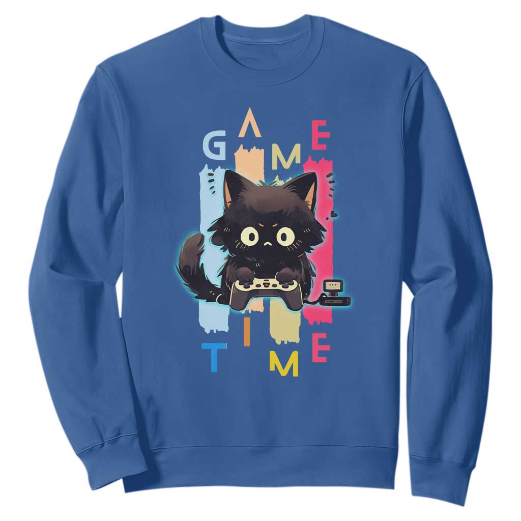 Game Time Sweatshirt Cute Black Cat Gamer Lover Gift TS12 Royal Blue Print Your Wear