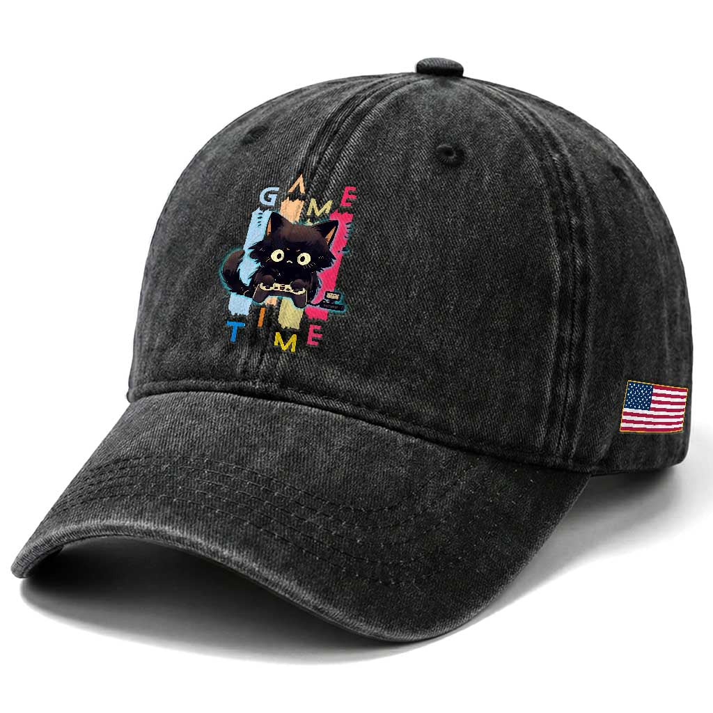 Game Time Washed Cotton Baseball Cap Cute Black Cat Gamer Lover Gift TS12 Print Your Wear