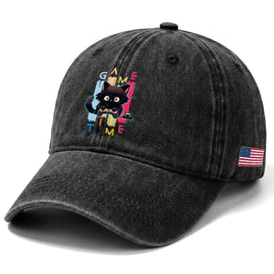 Game Time Washed Cotton Baseball Cap Cute Black Cat Gamer Lover Gift TS12 Print Your Wear