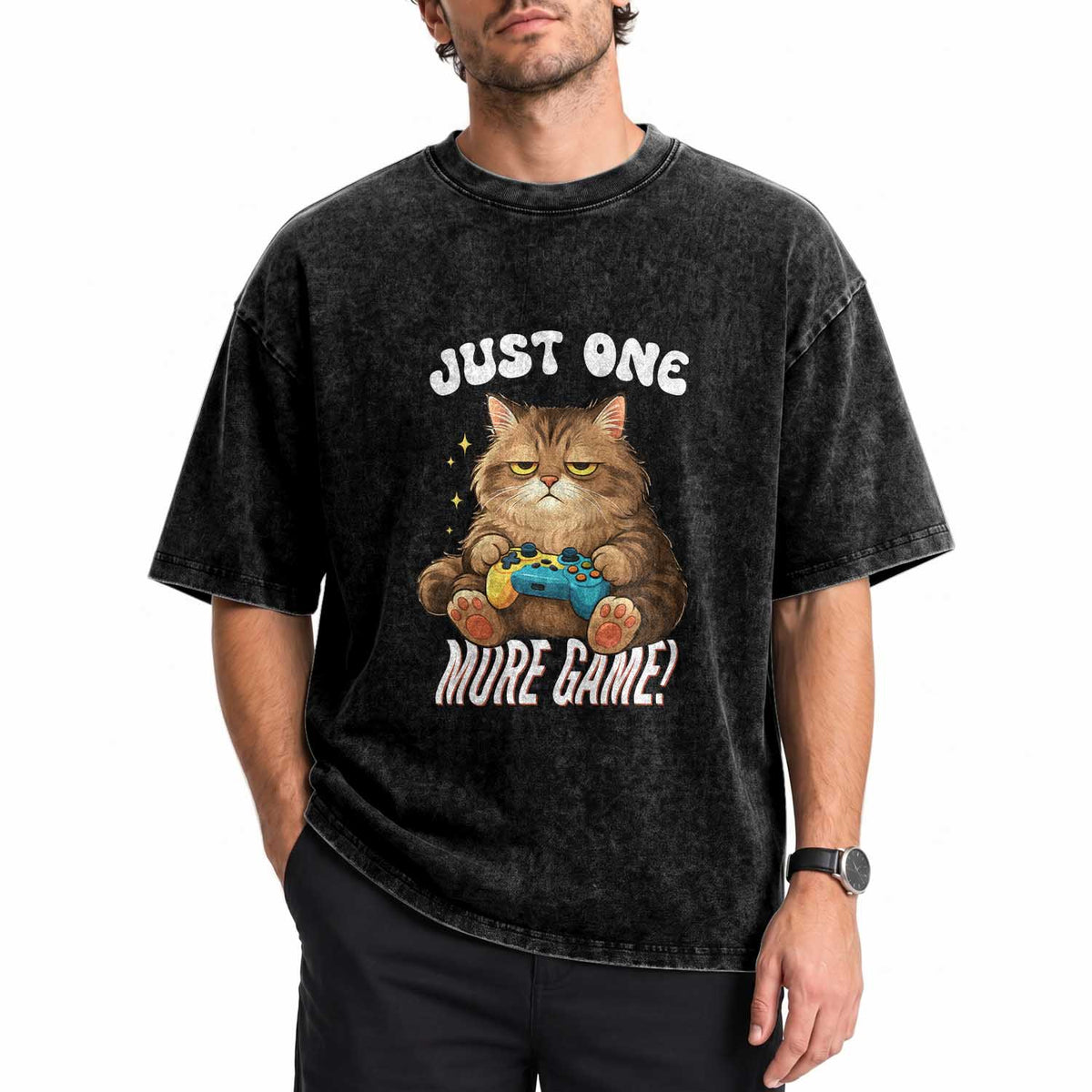 Just One More Game Washed Cotton T-Shirt Funny Lazy Cat Playing Video Game