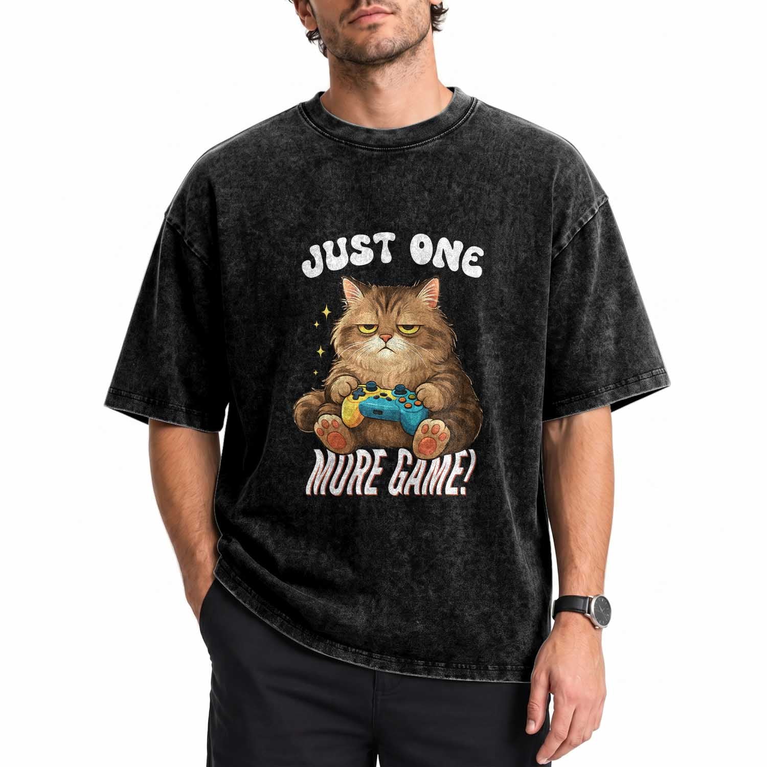 Just One More Game Washed Cotton T-Shirt Funny Lazy Cat Playing Video Game