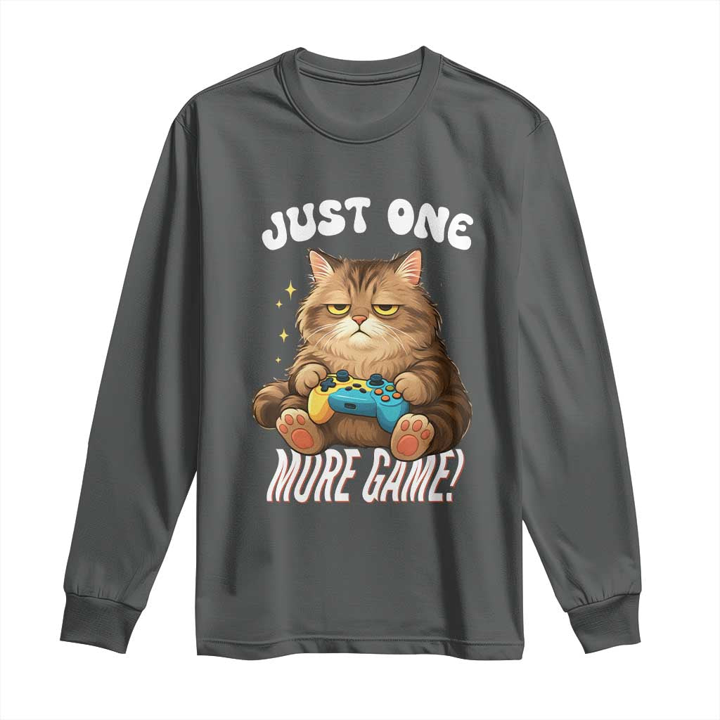 Just One More Game Long Sleeve Shirt Funny Lazy Cat Playing Video Game TS12 Dark Heather Print Your Wear