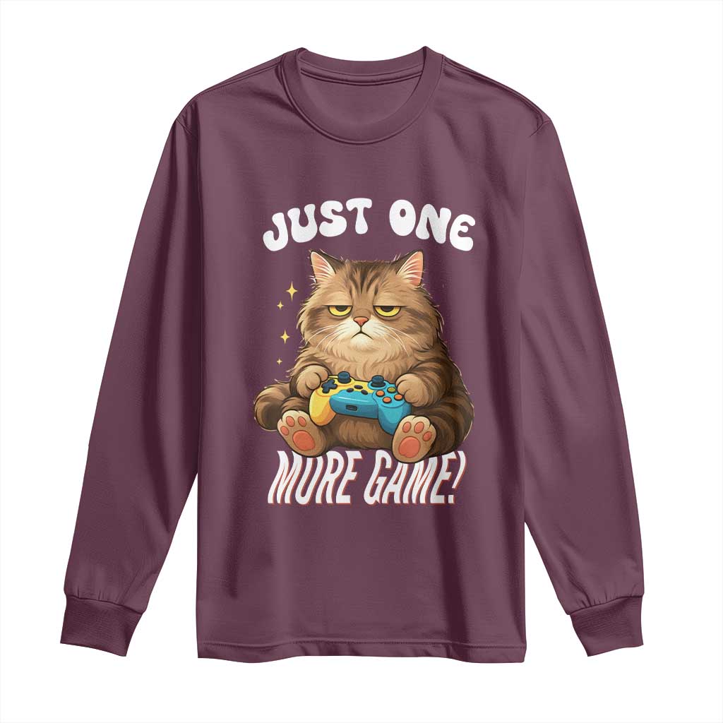 Just One More Game Long Sleeve Shirt Funny Lazy Cat Playing Video Game TS12 Maroon Print Your Wear