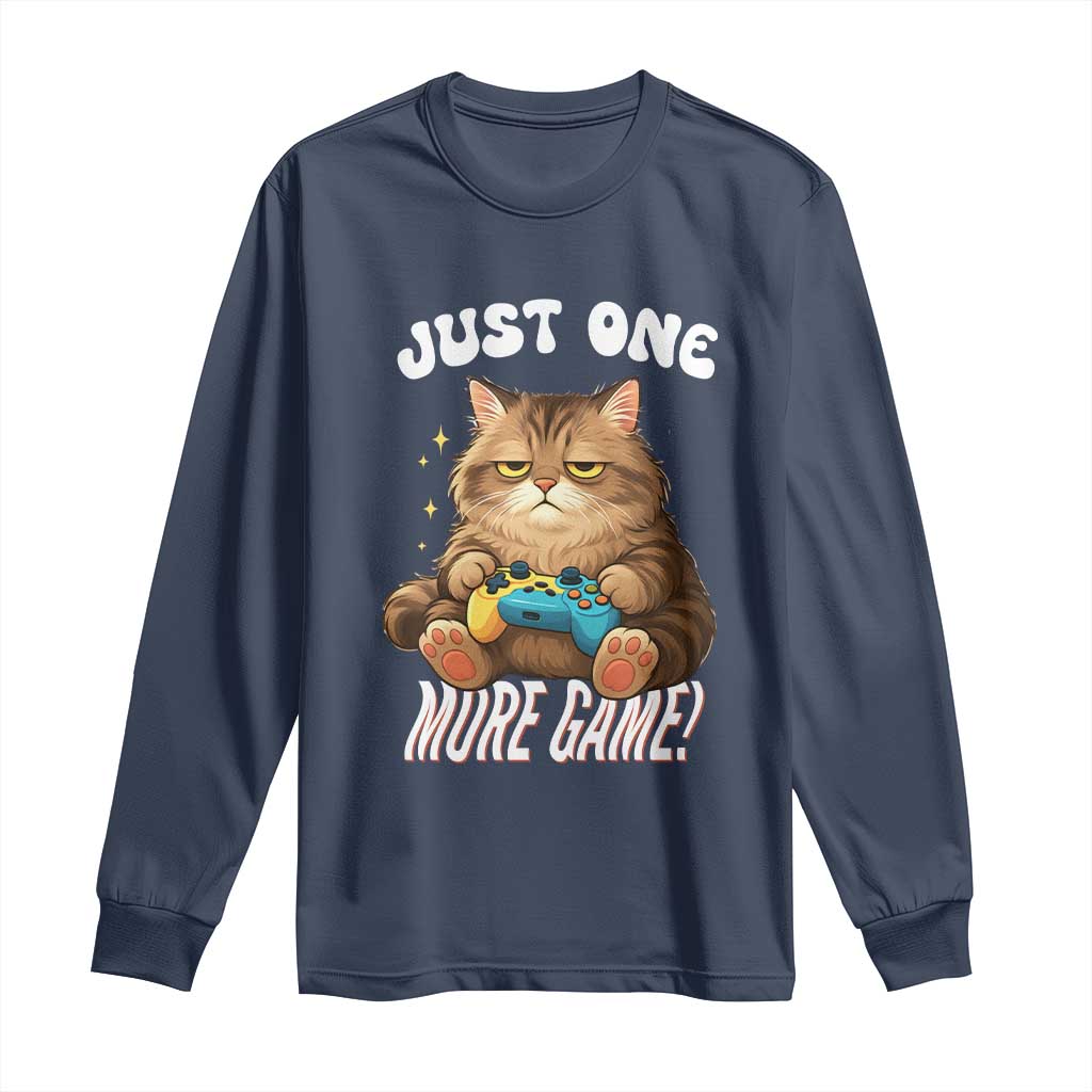 Just One More Game Long Sleeve Shirt Funny Lazy Cat Playing Video Game TS12 Navy Print Your Wear