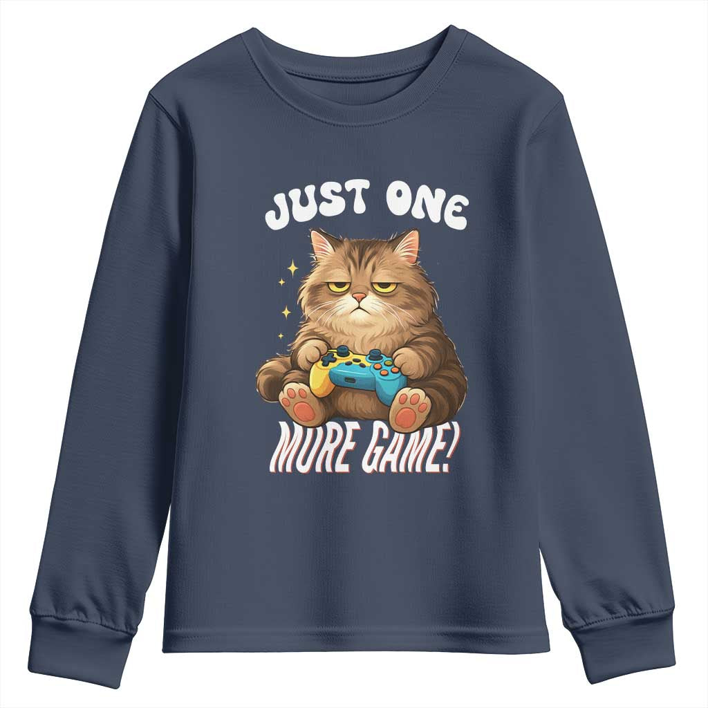 Just One More Game Youth Sweatshirt Funny Lazy Cat Playing Video Game TS12 Navy Print Your Wear