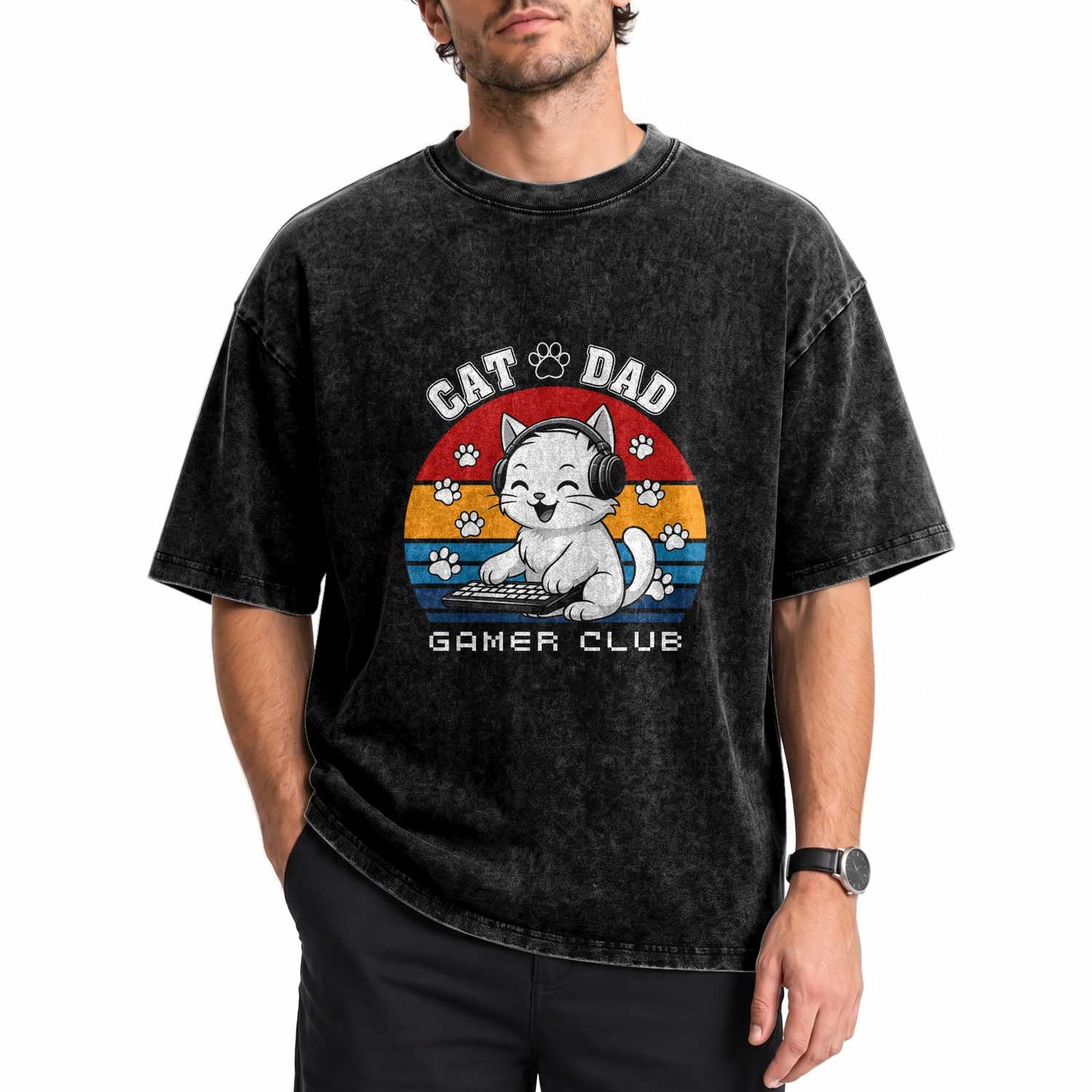 Funny Cat Dad Gamer Club Washed Cotton T-Shirt Gamer Cat Lover Gift