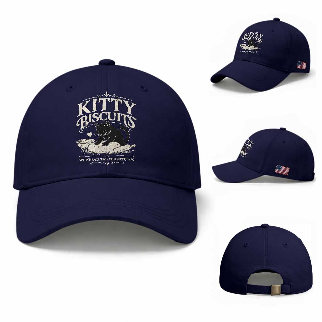 Kitty Biscuits We Knead Em You Need Em Baseball Cap Funny Black Cat Making Biscuits Baking TS12 Baseball Cap Universal Fit Dark Blue Print Your Wear