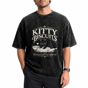 Kitty Biscuits We Knead Em You Need Em Washed Cotton T-Shirt Funny Black Cat Making Biscuits Baking