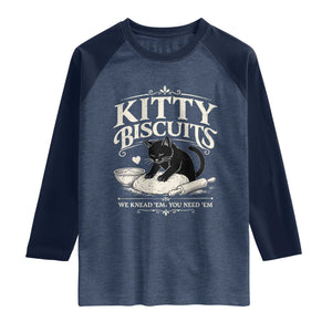 Kitty Biscuits We Knead Em You Need Em Raglan Shirt Funny Black Cat Making Biscuits Baking TS12 Heather Denim Navy Print Your Wear