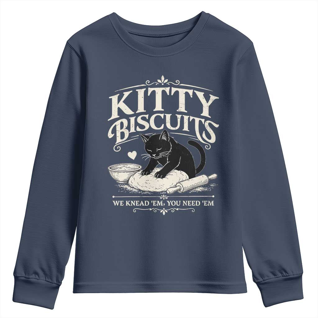 Kitty Biscuits We Knead Em You Need Em Youth Sweatshirt Funny Black Cat Making Biscuits Baking TS12 Navy Print Your Wear