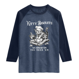 Funny Kitty Biscuits Bakery Raglan Shirt We Knead Em You Need Em TS12 Heather Denim Navy Print Your Wear