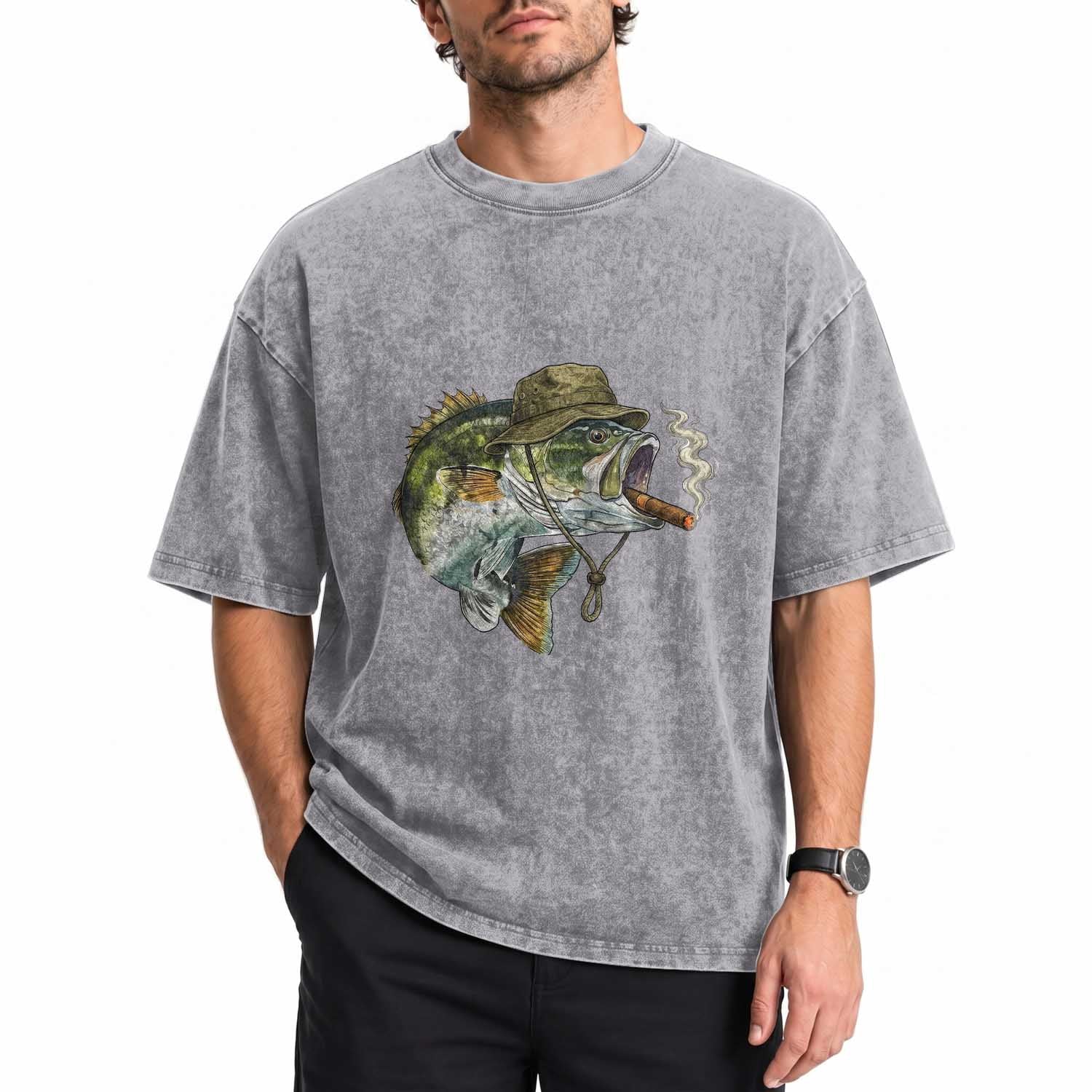 Funny Smoking Bass Fish Washed Cotton T-Shirt Bass Fishing Lover Graphic