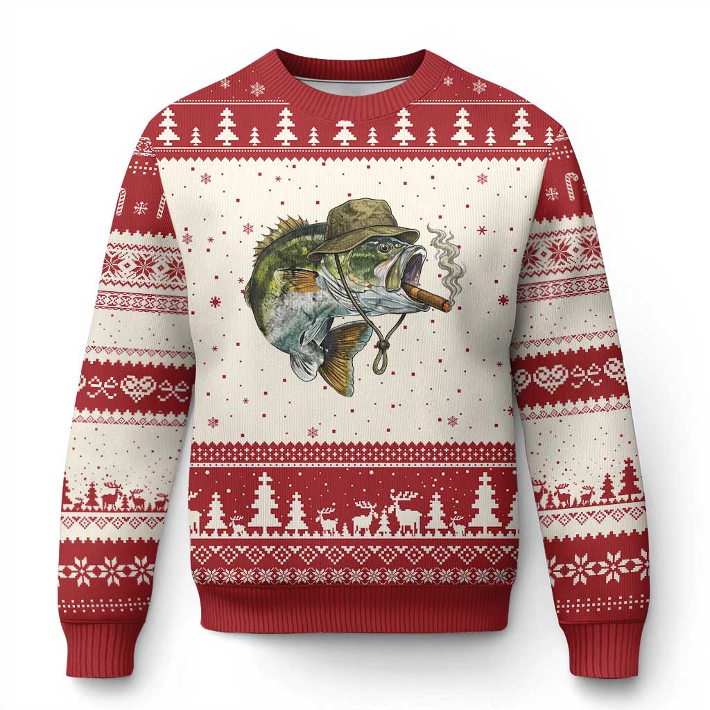 Funny Smoking Bass Fish Ugly Christmas Sweater Bass Fishing Lover Graphic TS12 Beige Red Print Your Wear