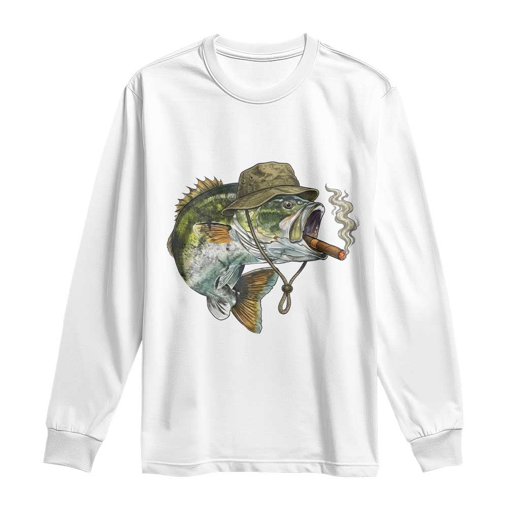 Funny Smoking Bass Fish Long Sleeve Shirt Bass Fishing Lover Graphic TS12 White Print Your Wear