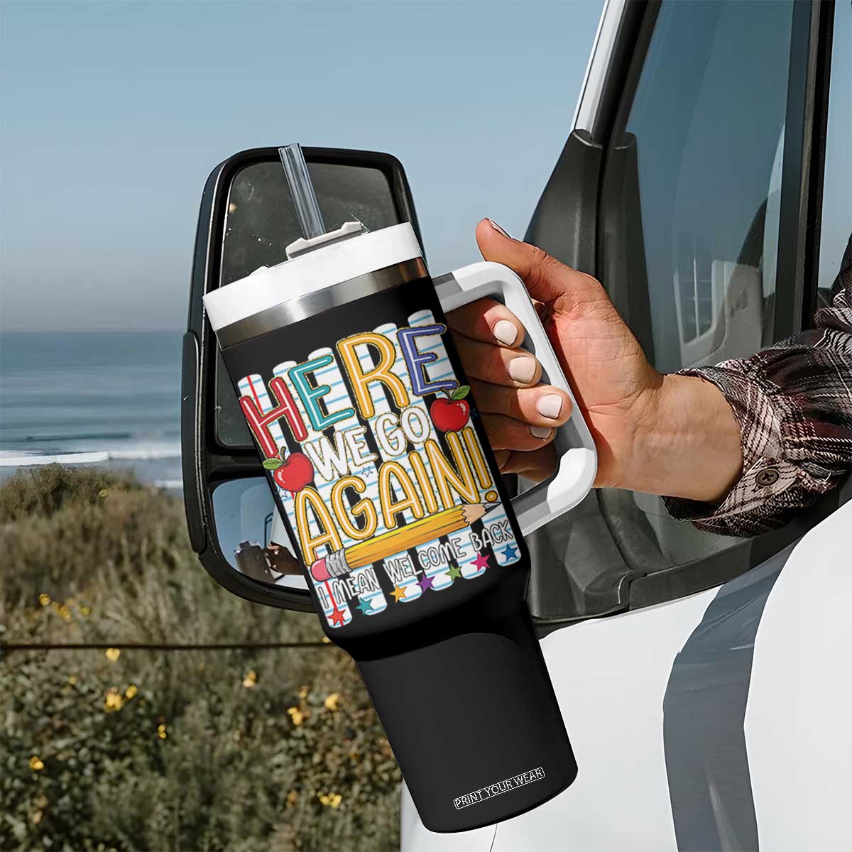 Funny Striped Teacher Back To School Tumbler With Handle Here We Go Again Welcome Back TS12 Print Your Wear