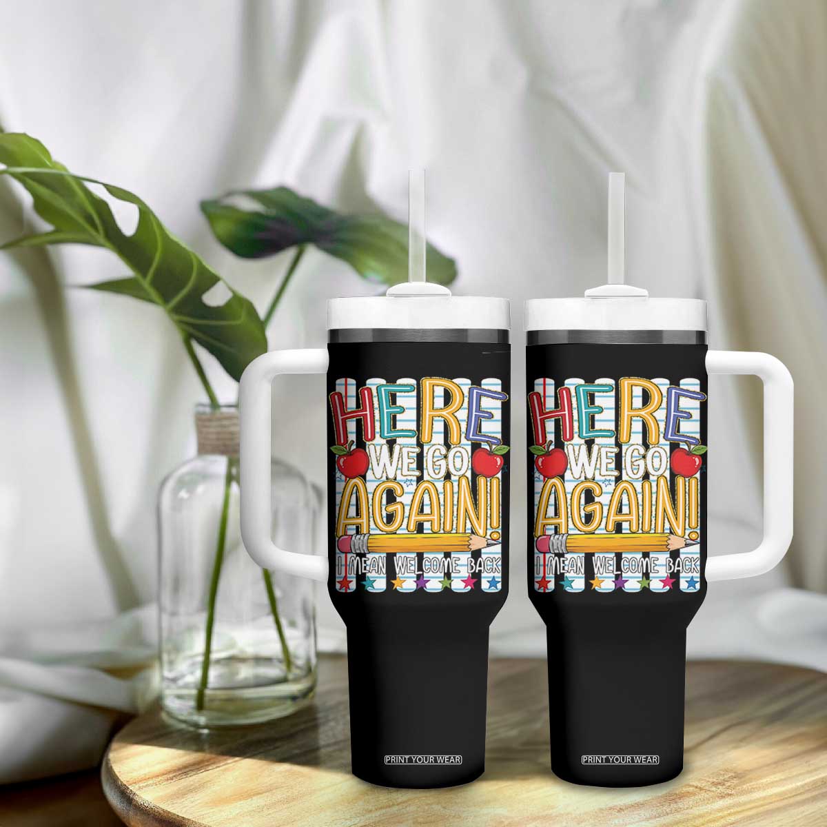 Funny Striped Teacher Back To School Tumbler With Handle Here We Go Again Welcome Back TS12 Print Your Wear