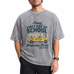 School Bus Driver Gift Washed Cotton T-Shirt Happy First Day Of School