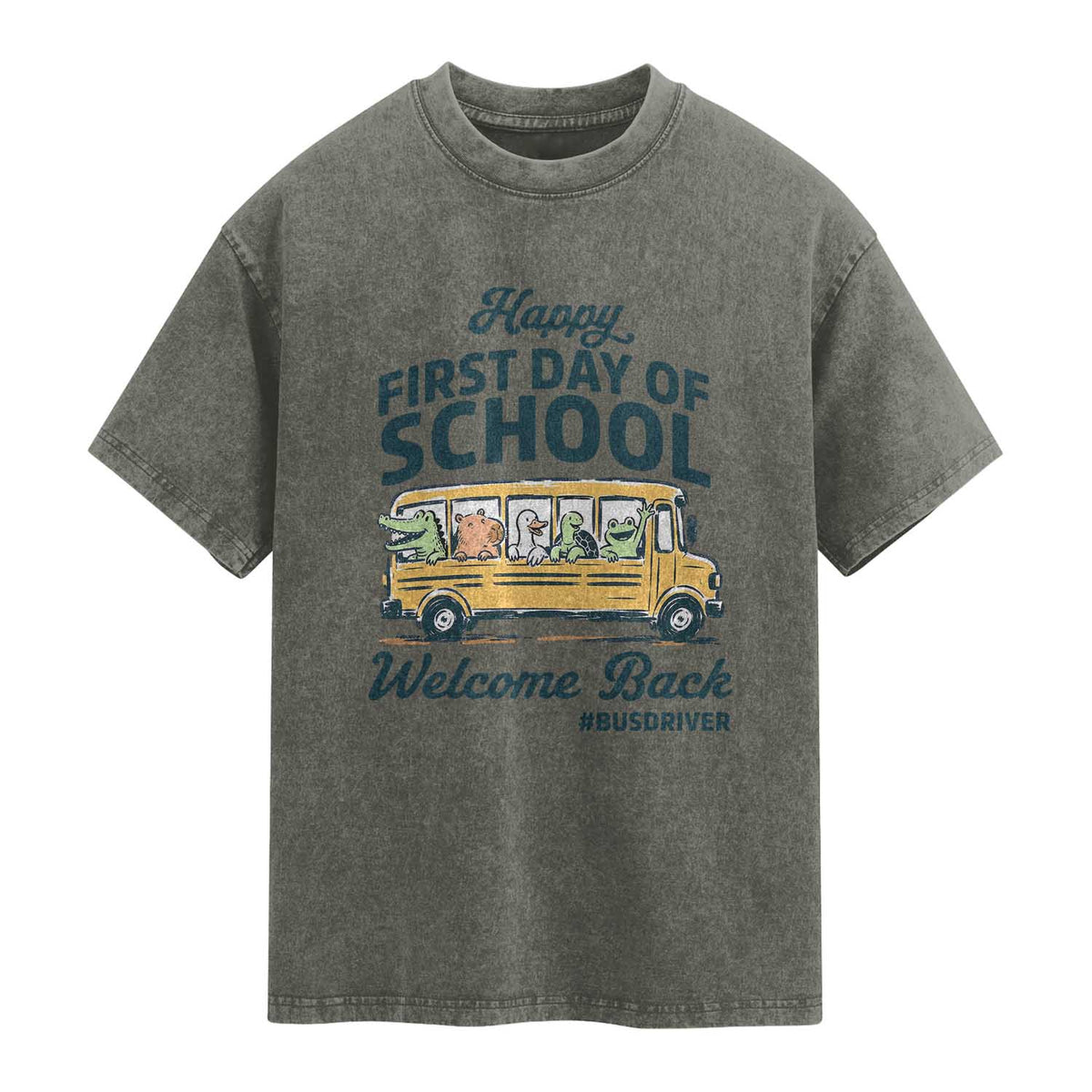 School Bus Driver Gift Washed Cotton T-Shirt Happy First Day Of School