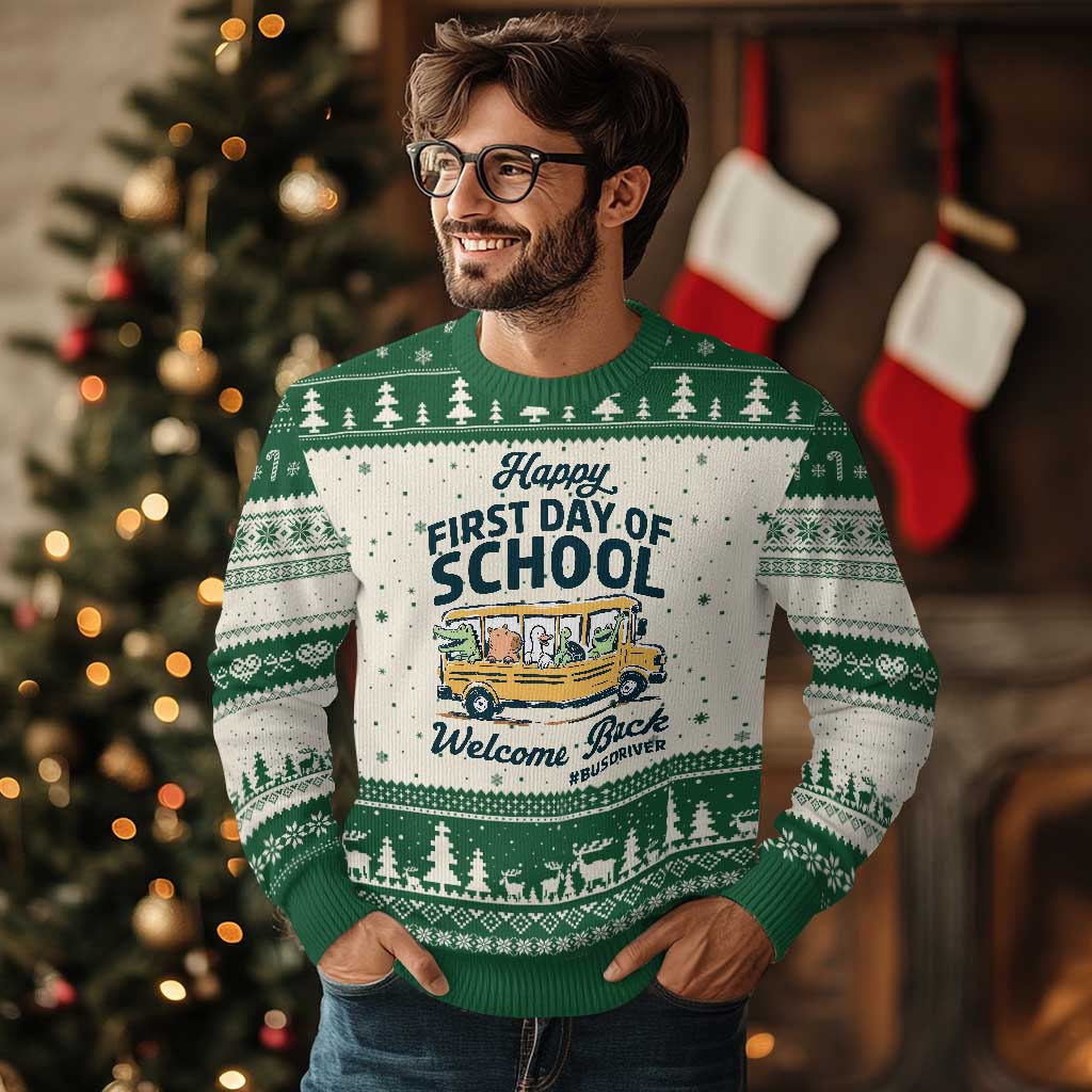 School Bus Driver Gift Ugly Christmas Sweater Happy First Day Of School TS12 Beige Green Print Your Wear