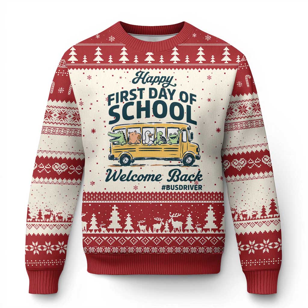 School Bus Driver Gift Ugly Christmas Sweater Happy First Day Of School TS12 Beige Red Print Your Wear