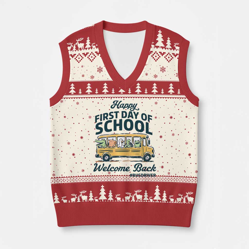 School Bus Driver Gift V-Neck Knit Sweater Vest Happy First Day Of School TS12 Beige Red Print Your Wear