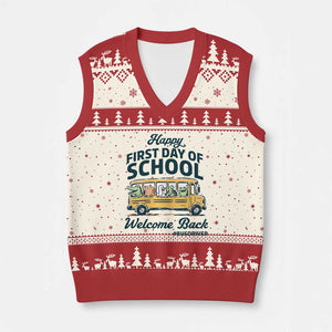 School Bus Driver Gift V-Neck Knit Sweater Vest Happy First Day Of School TS12 Beige Red Print Your Wear