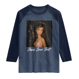 Funny Sassy Christian Doll Face Meme Raglan Shirt Jesus Saw That TS12 Heather Denim Navy Print Your Wear
