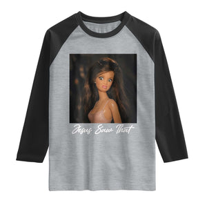 Funny Sassy Christian Doll Face Meme Raglan Shirt Jesus Saw That TS12 Heather Gray Black Print Your Wear