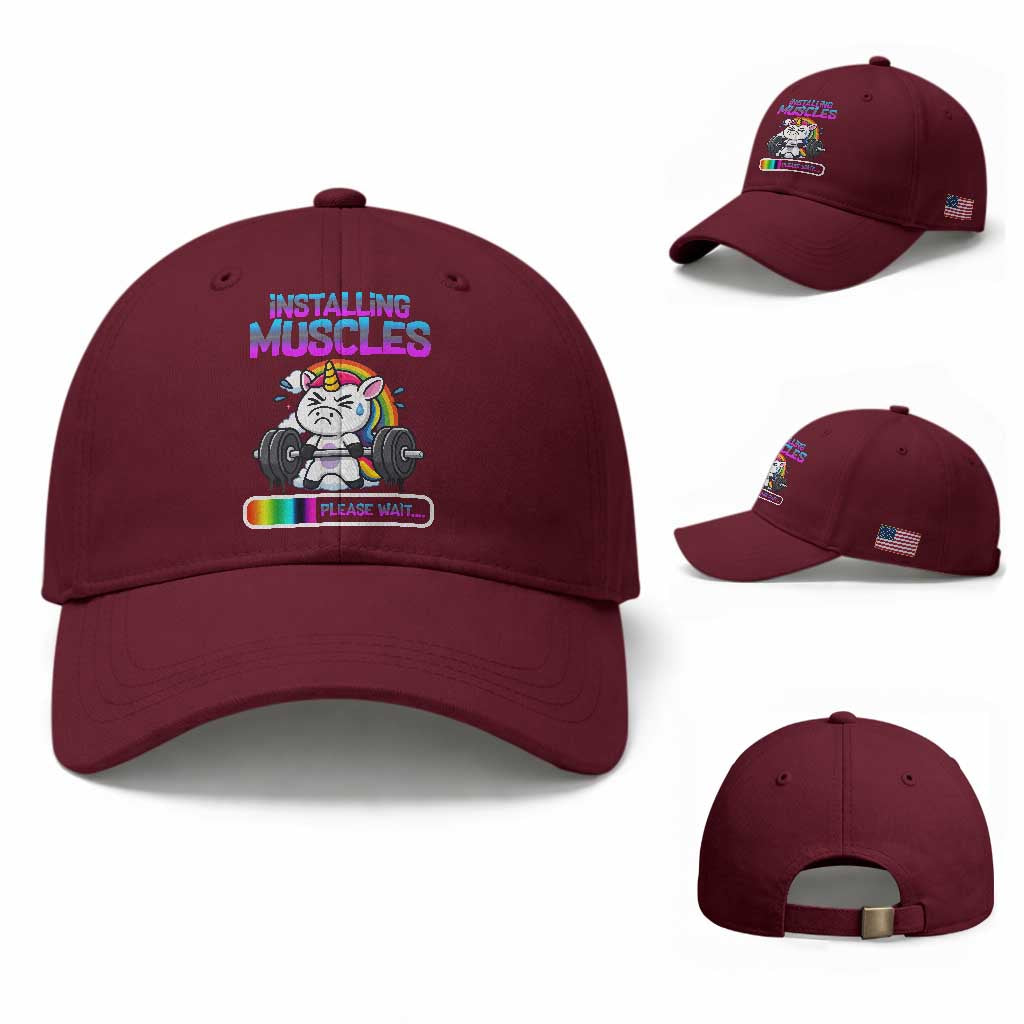 Installing Muscles Please Wait Baseball Cap Cute Unicorn Gym Workout Gift TS12 Baseball Cap Universal Fit Maroon Print Your Wear