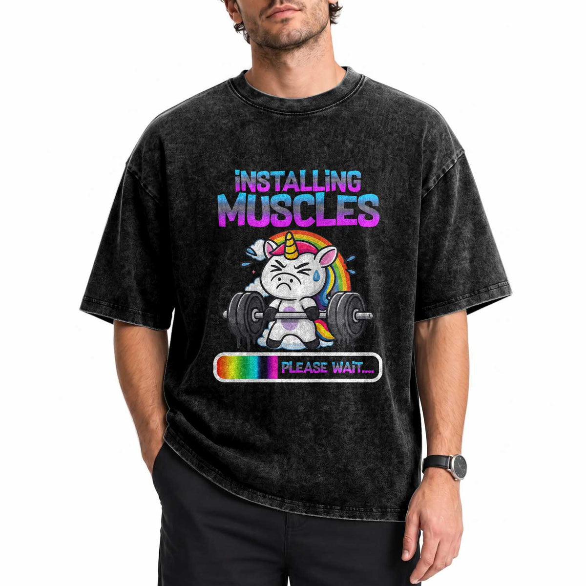 Installing Muscles Please Wait Washed Cotton T-Shirt Cute Unicorn Gym Workout Gift