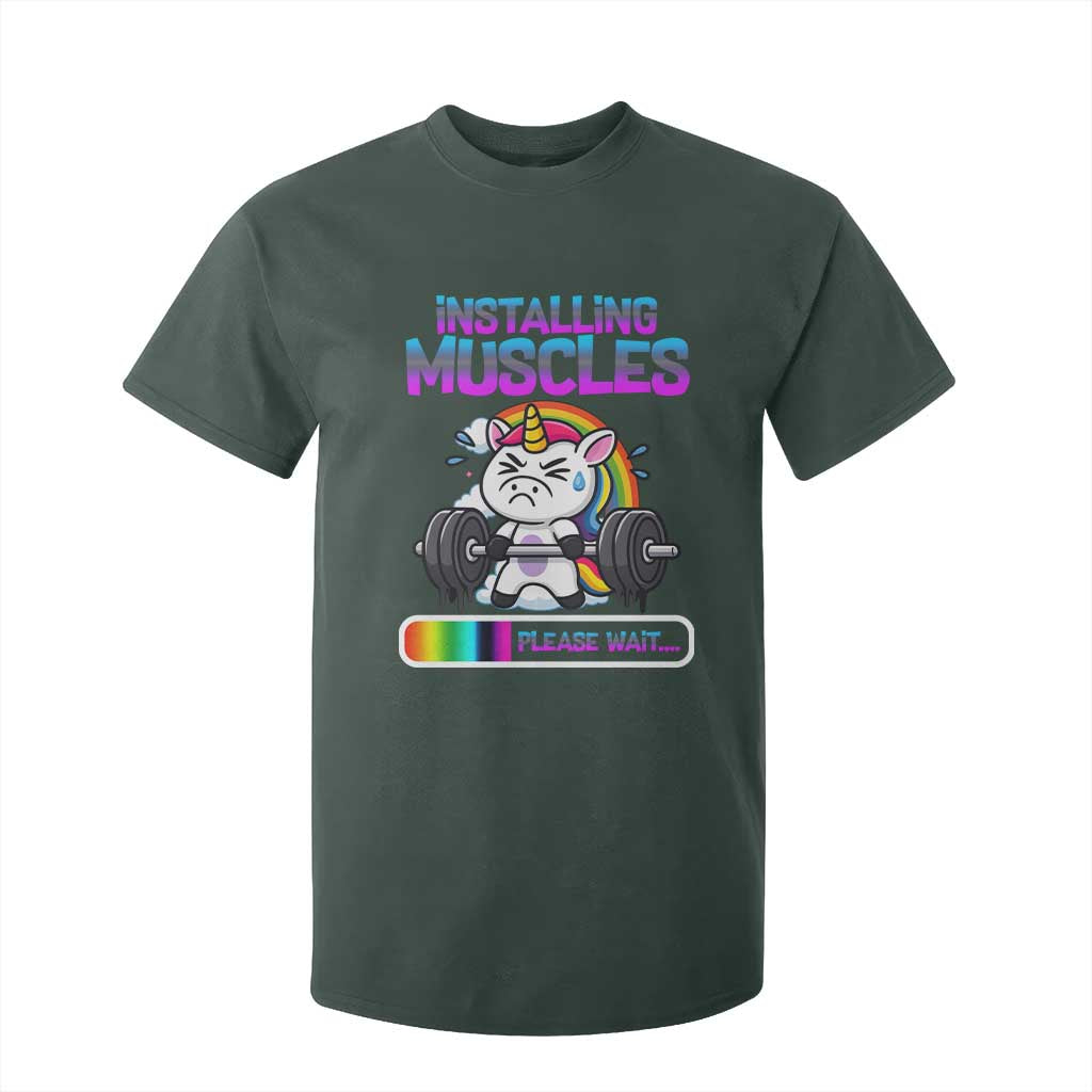 Installing Muscles Please Wait T Shirt For Kid Cute Unicorn Gym Workout Gift TS12 Dark Forest Green Print Your Wear