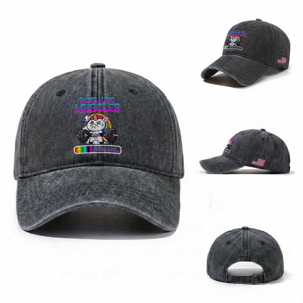 Installing Muscles Please Wait Washed Cotton Baseball Cap Cute Unicorn Gym Workout Gift TS12 Washed Cap Universal Fit Dark Gray Print Your Wear