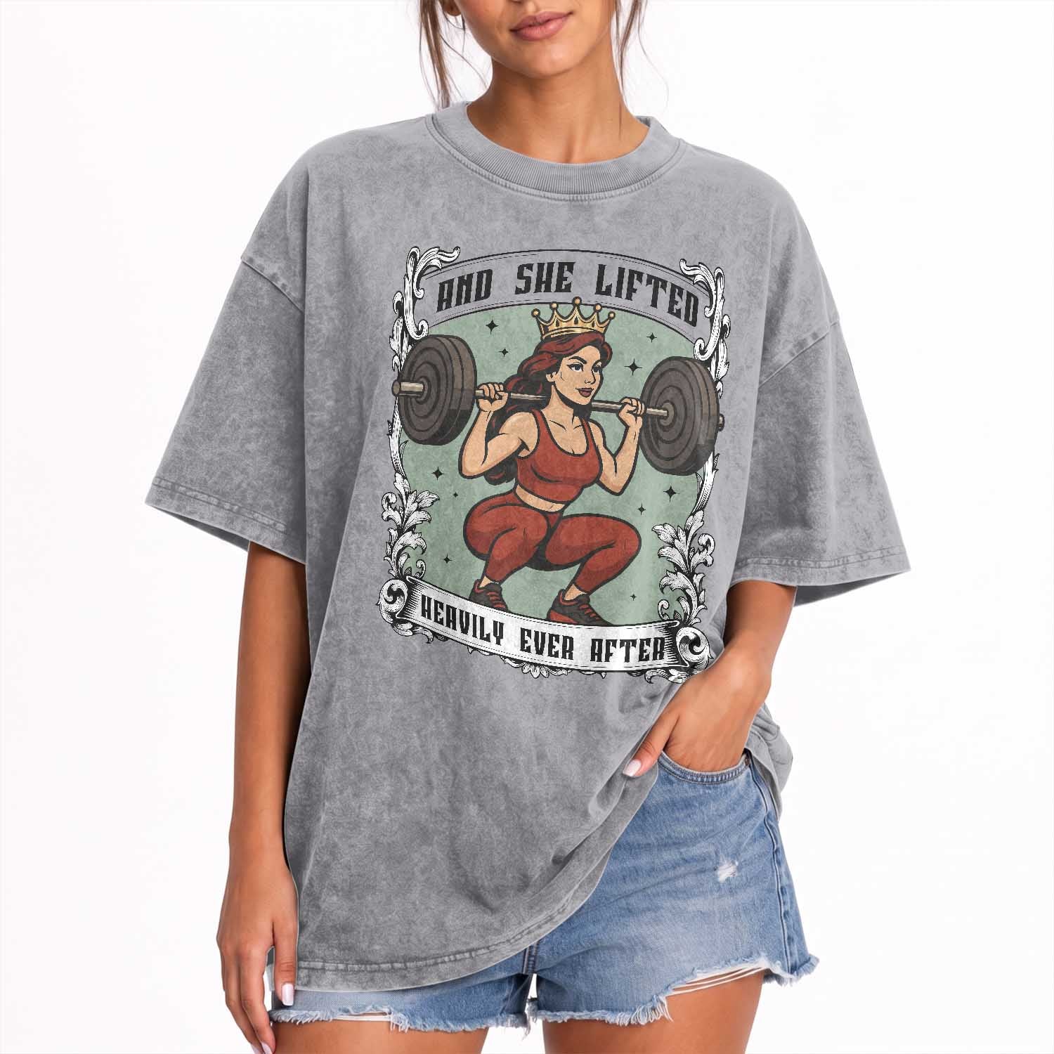 And She Lifted Heavily Ever After Washed Cotton T-Shirt Women Weightlifting Humor Gift