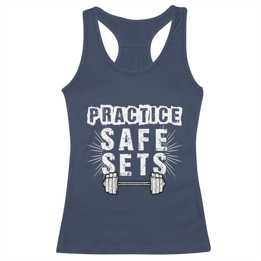 Practice Safe Sets Racerback Tank Top Funny Gym Workout Gift TS12 Navy Print Your Wear