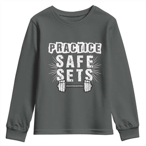 Practice Safe Sets Youth Sweatshirt Funny Gym Workout Gift TS12 Dark Heather Print Your Wear