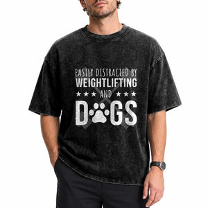 Easily Distracted By Weightlifting And Dogs Washed Cotton T-Shirt Funny Gym Gift